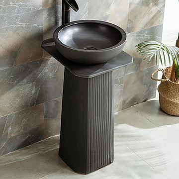 Gray Square Pedestal Sink Gaolin Round Vessel Sink without Drain & Faucet